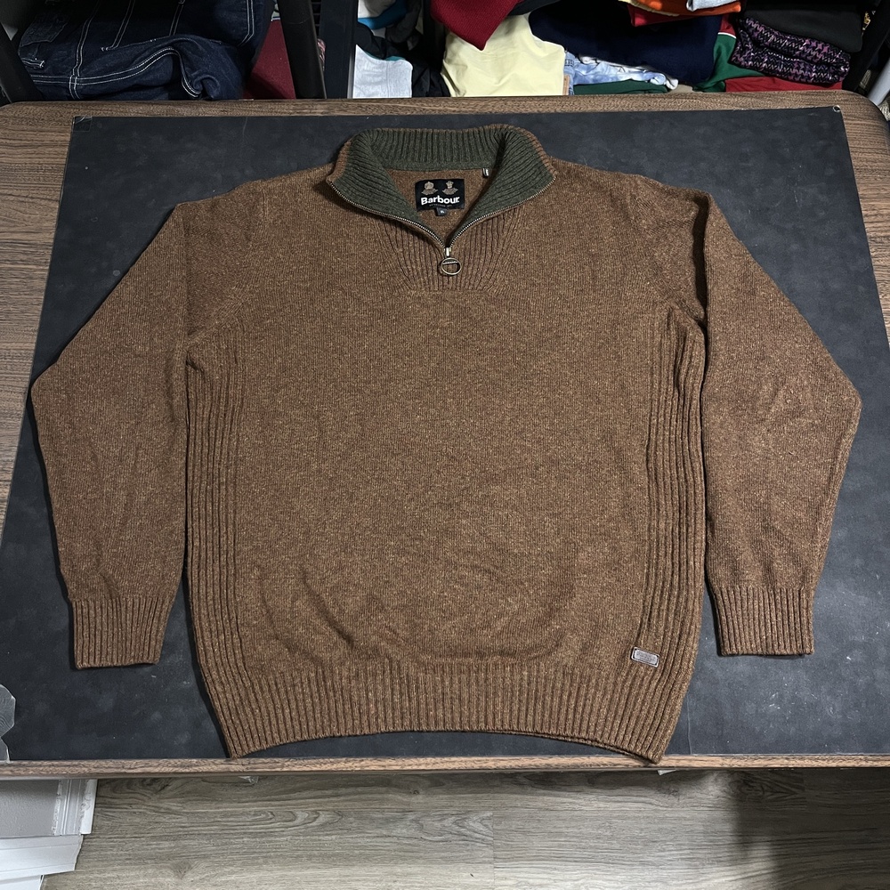 Barbour Wool Sweater Mens XL Brown 1/4 Zip Mock Neck Country Ribbed Pullover